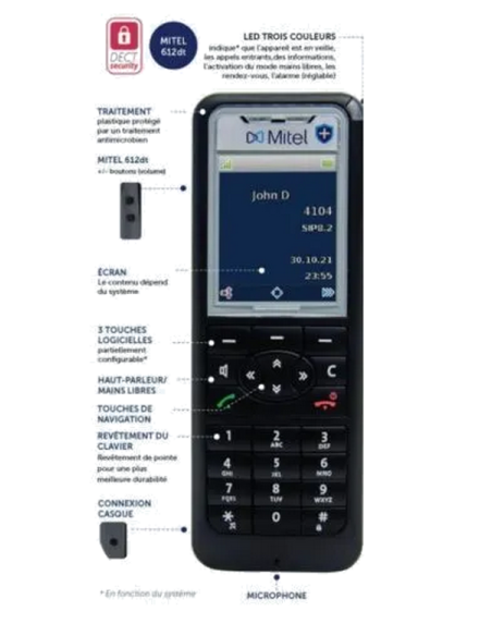AR00149-AAS50008371 Téléphone professionnel DECT Mitel 612dt antimicrobien (combiné + chargeur + alim)