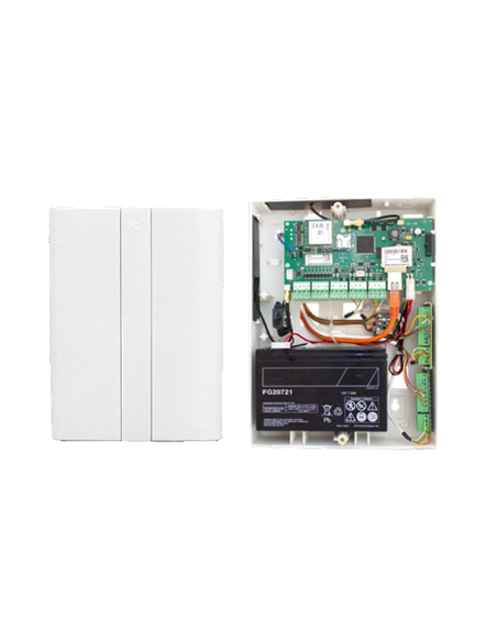 Boîtier plastique blanc avec ouverture frontale et fermeture à vis.